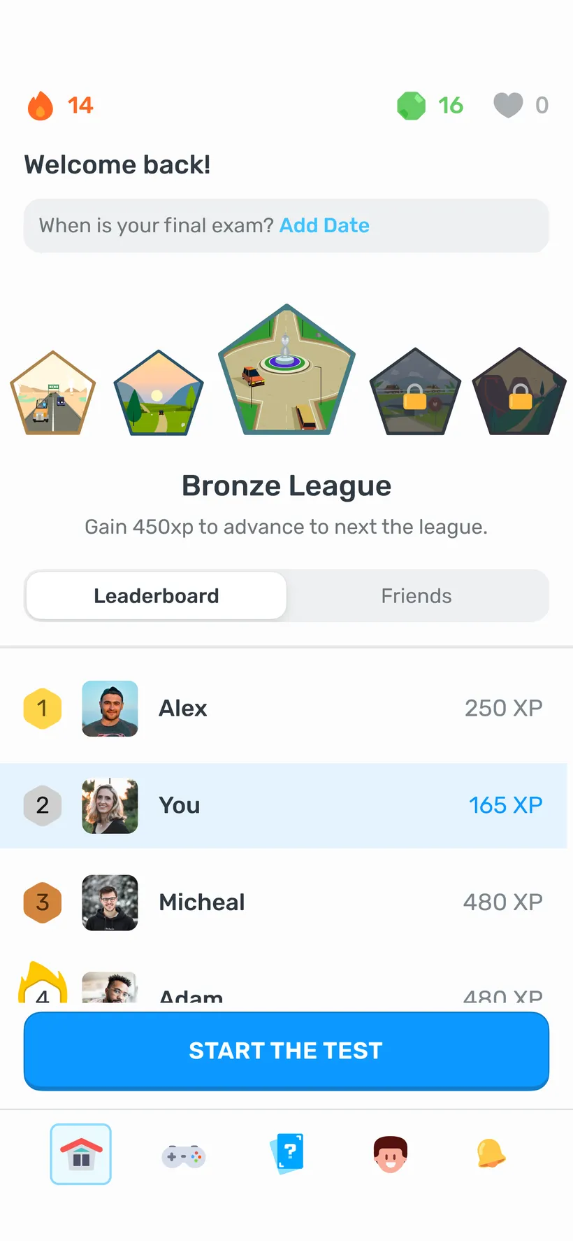 Autosaurus home with streak, gems, league and leaderboard