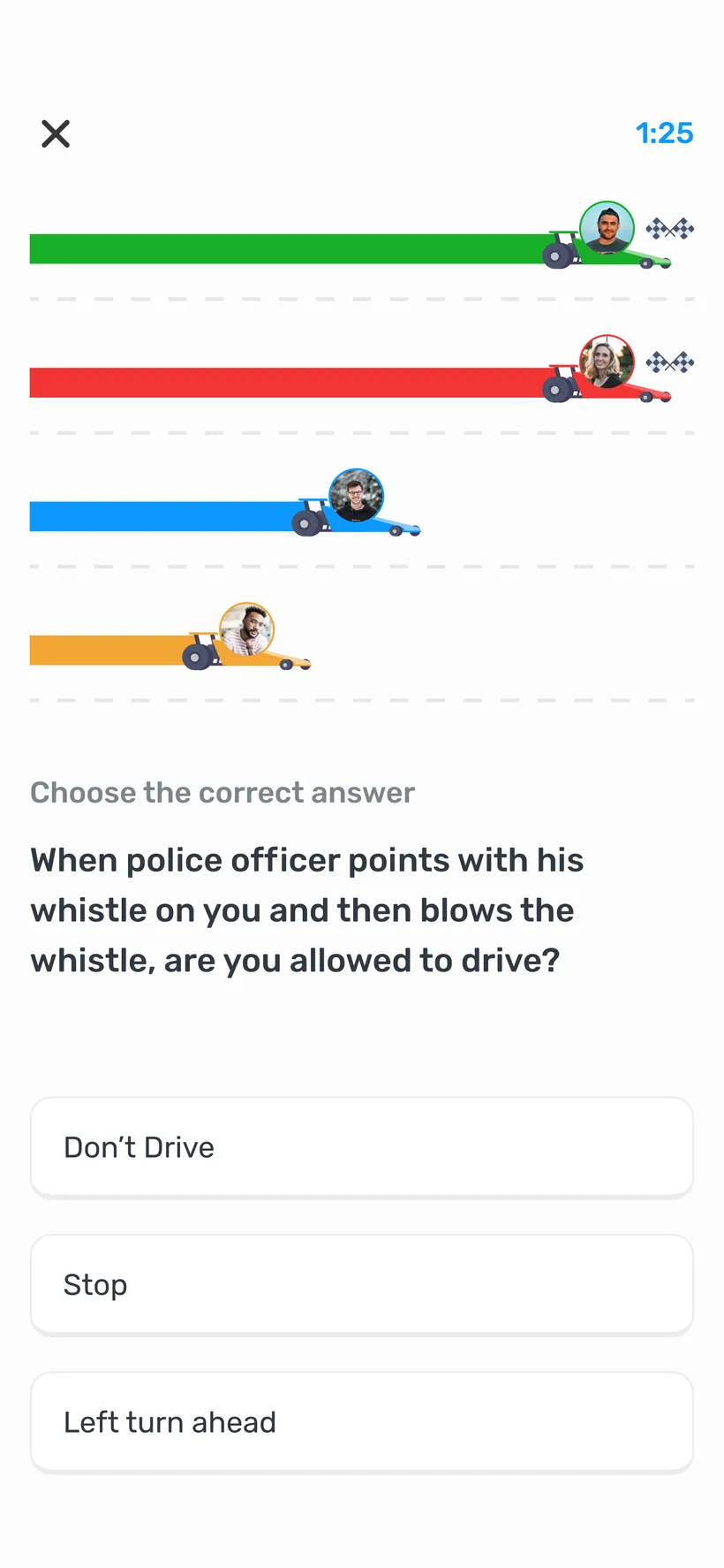 Live race mode with a real driving-theory question