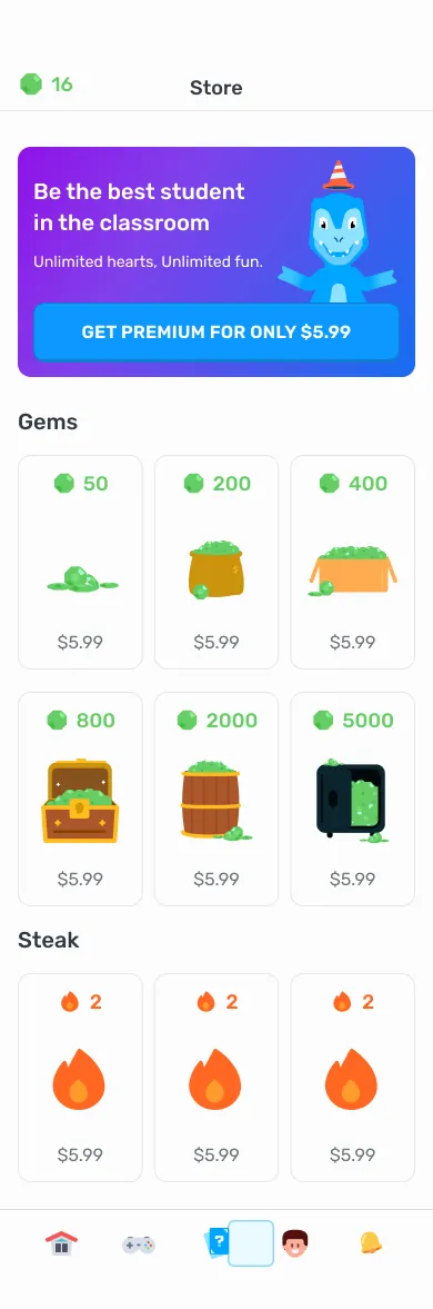 The gem store for buying gems and streak freezes