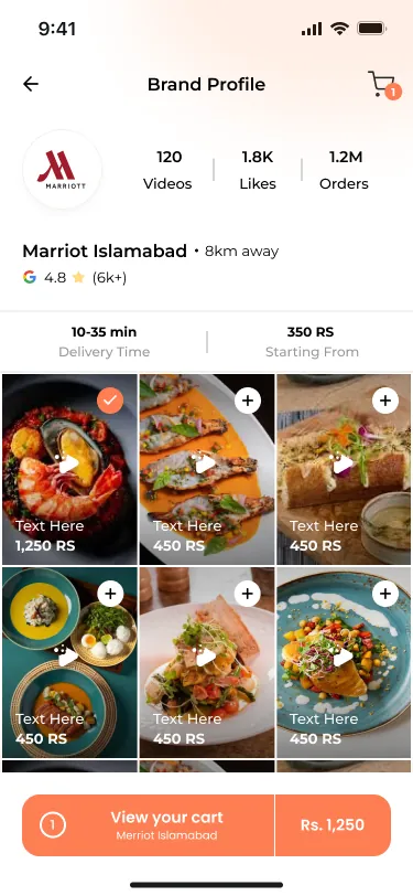 Restaurant brand profile with a grid of dish videos