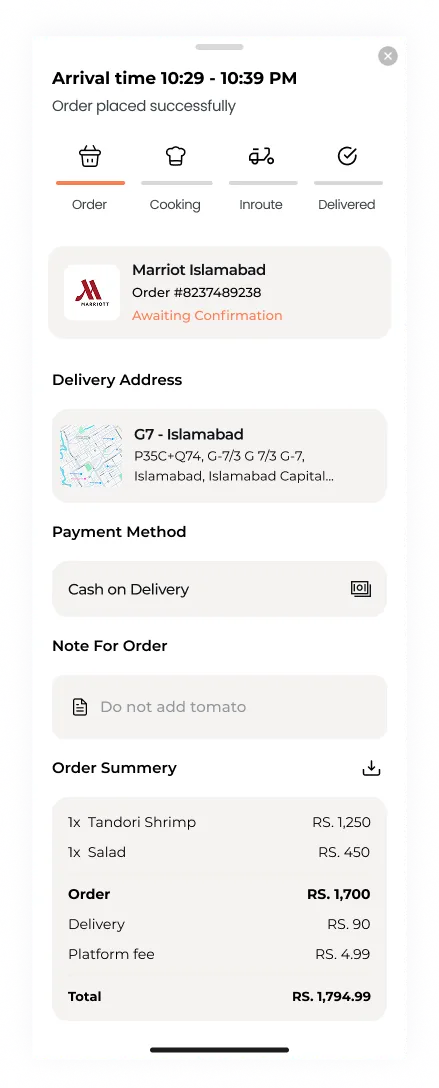 Order summary and status timeline