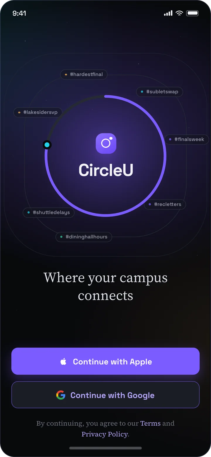 CircleU welcome screen: Real campus topics orbit the logo before sign-in.