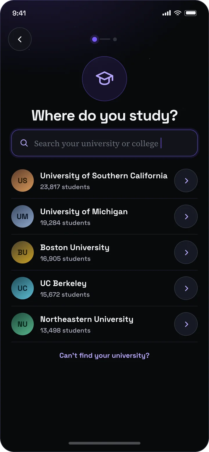 CircleU find your school screen: Onboarding starts with the campus, not a profile.