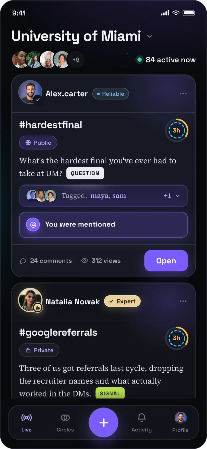 CircleU live screen: Your campus right now: who is active, and what ends next.