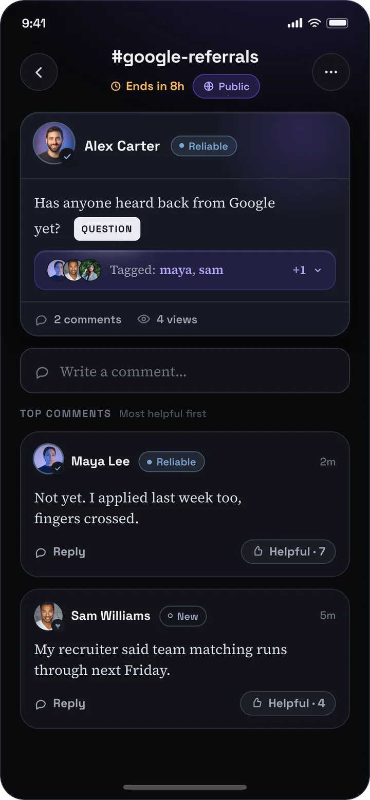 CircleU inside a circle screen: The most helpful replies rise; trust sits beside every name.