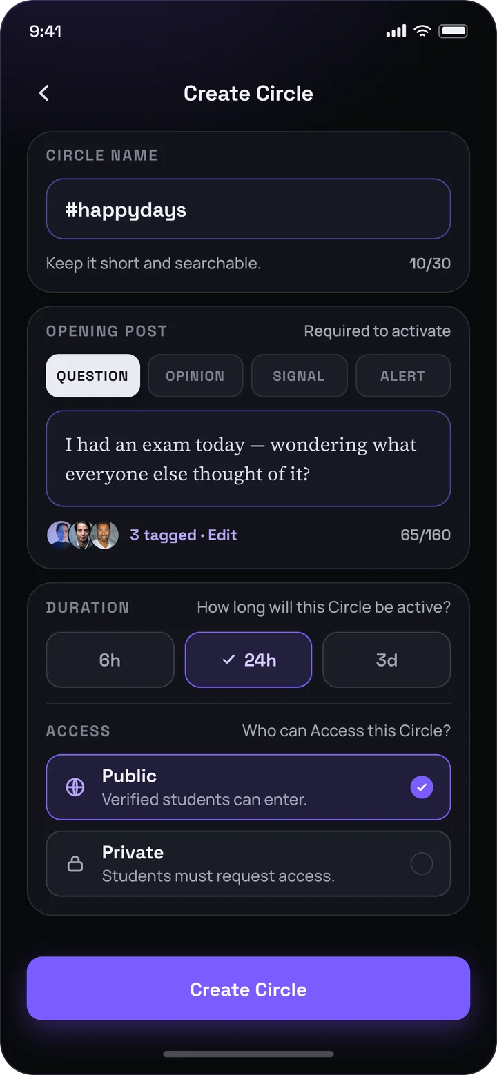 CircleU start a circle screen: Name, type, duration and access: one screen, one button.