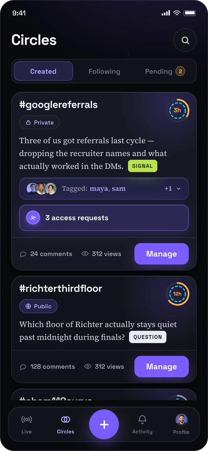 CircleU your circles screen: Created, following and pending, with access requests surfaced.