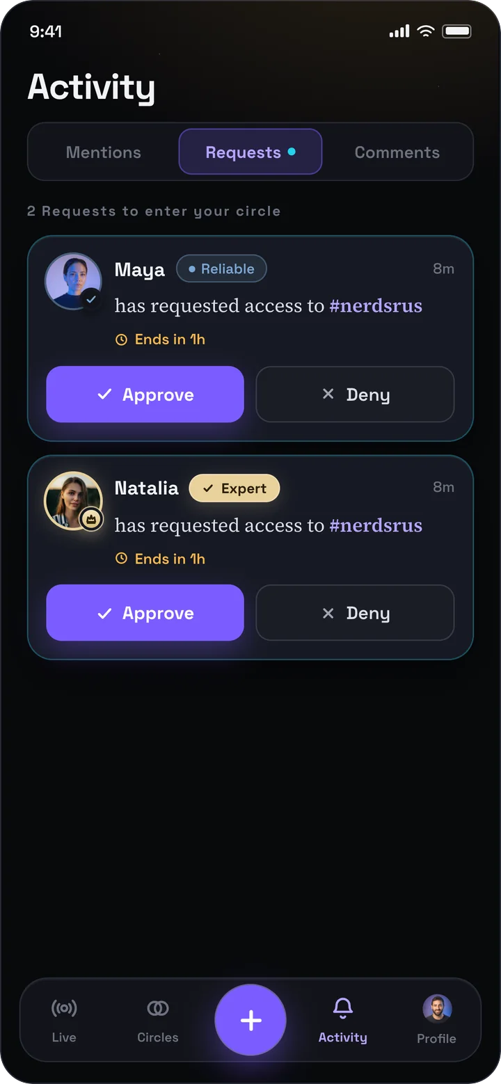 CircleU private access screen: Hosts approve or deny before the clock runs out.