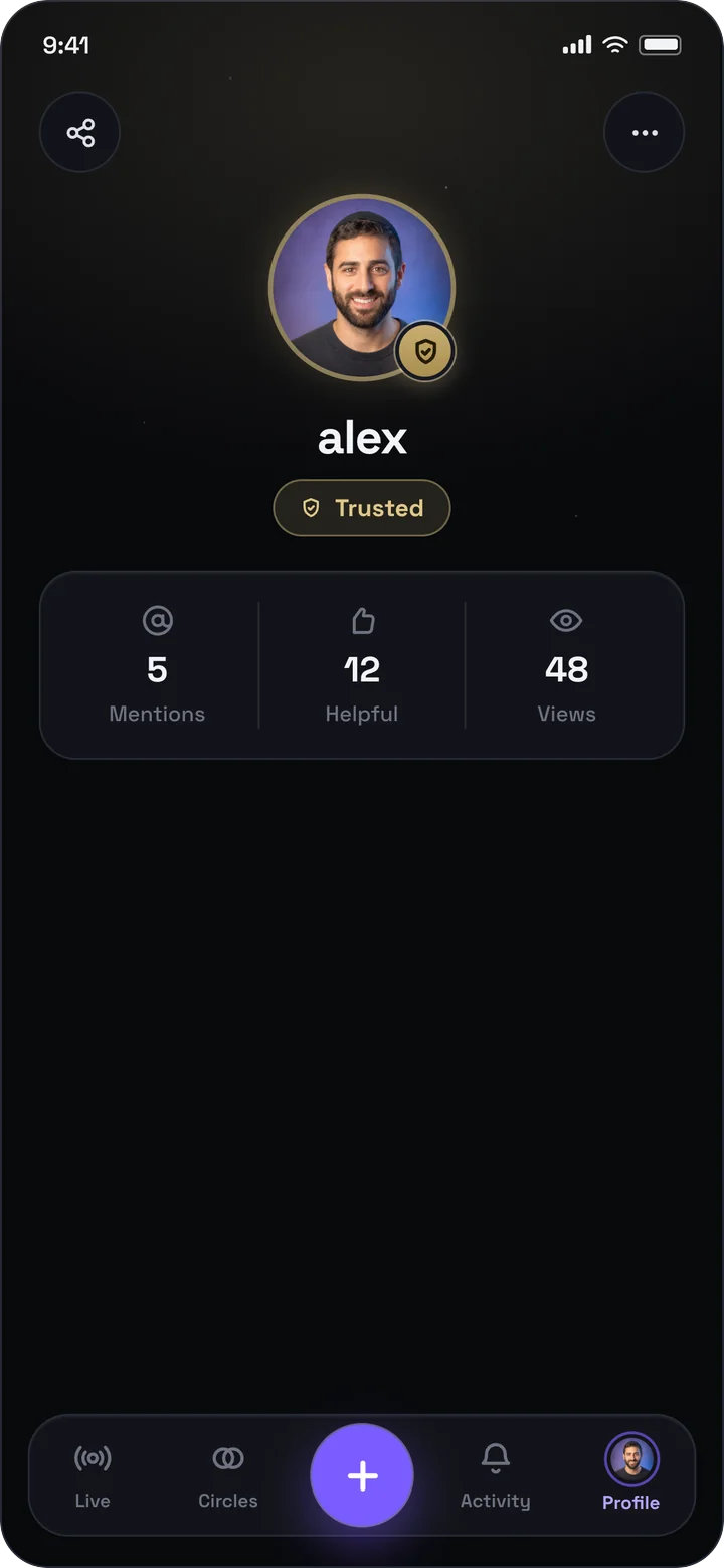 CircleU profile & trust screen: Mentions, helpful marks and views.