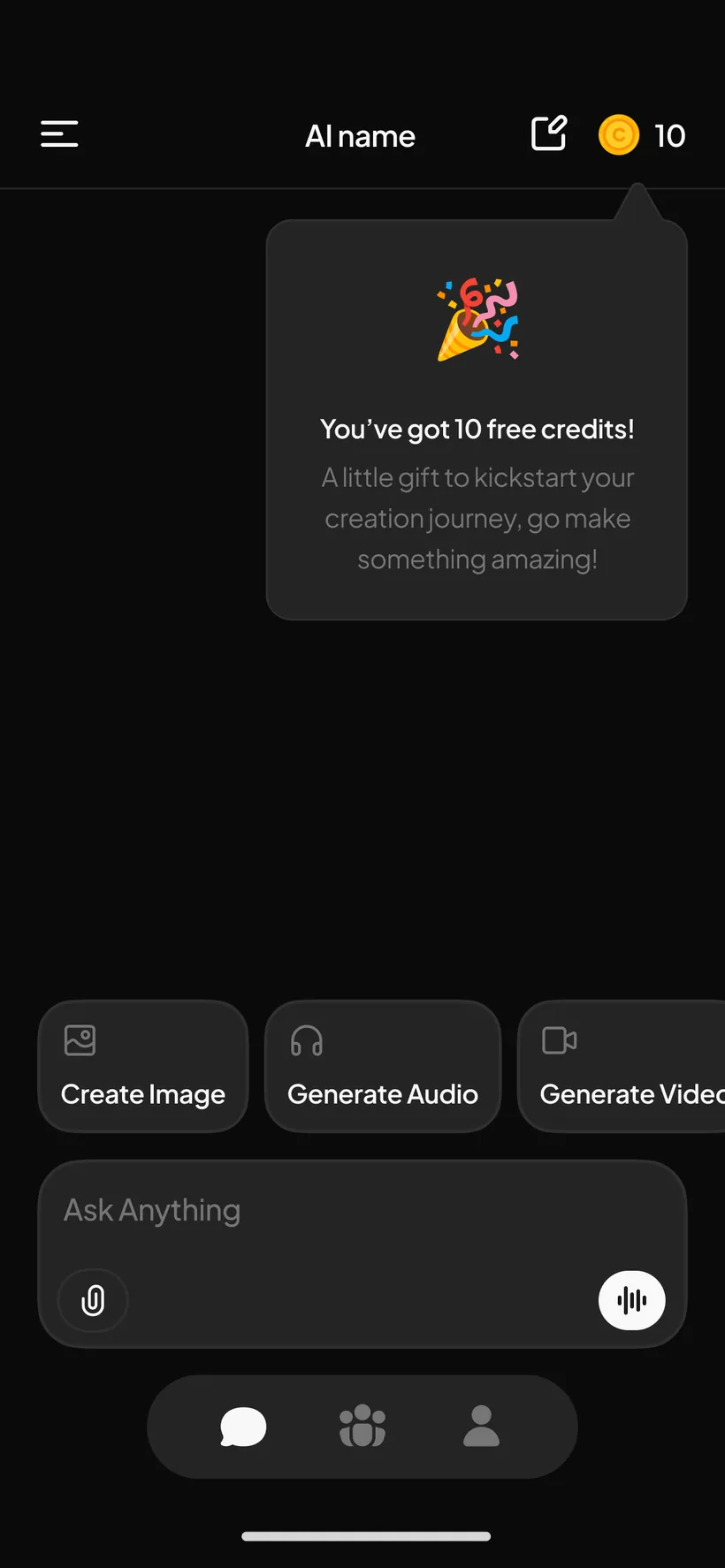 CookooChat home with create image, audio and video shortcuts