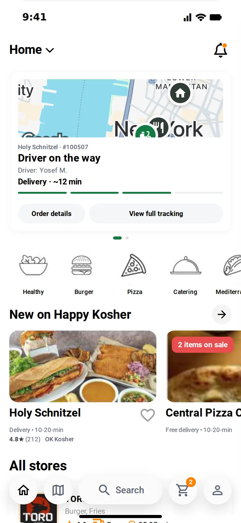 Home: the current order on its way, with the driver and arrival time