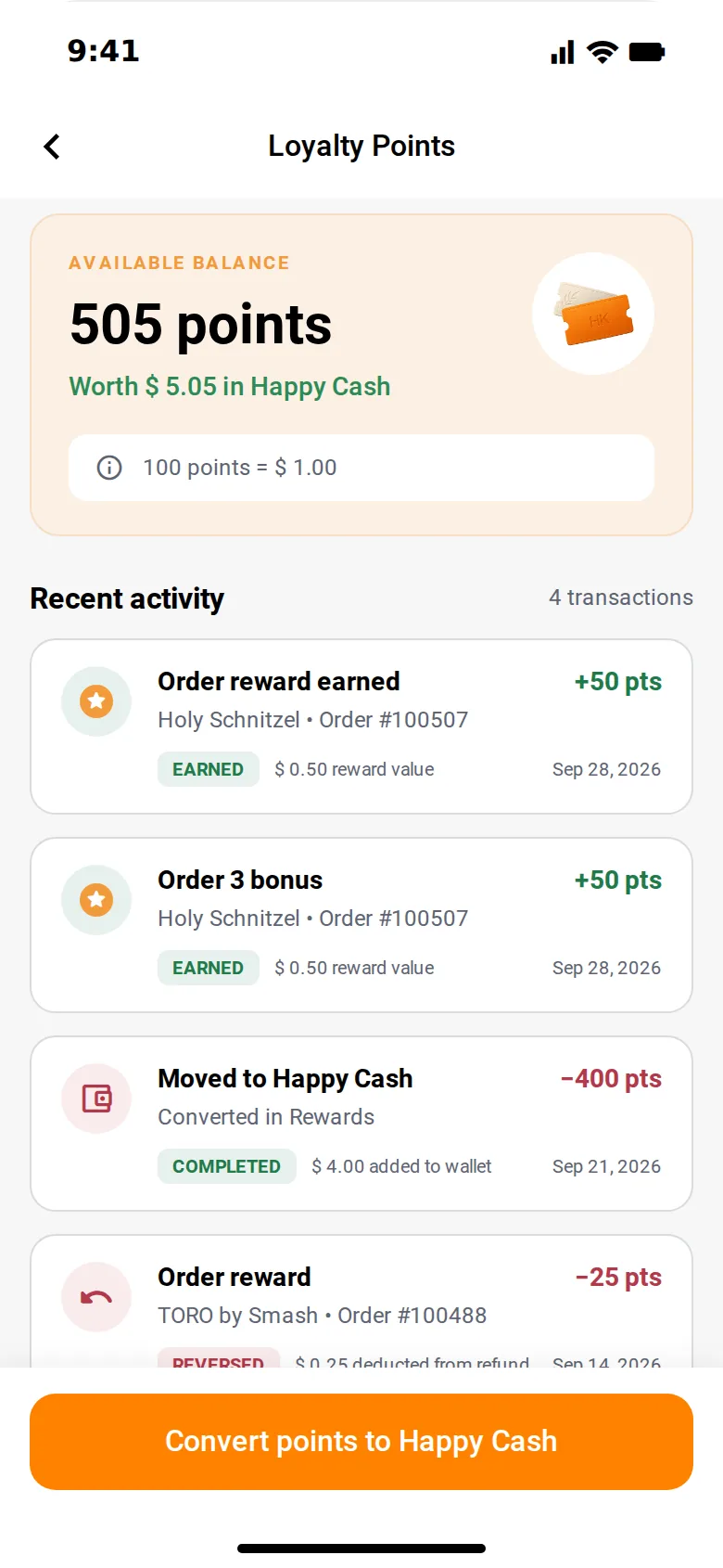 Loyalty points: the balance, its Happy Cash value and every transaction