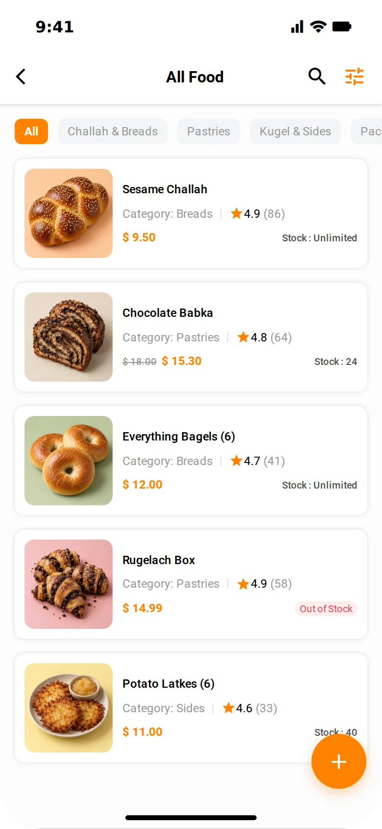 All food, with ratings, prices, sale prices and stock