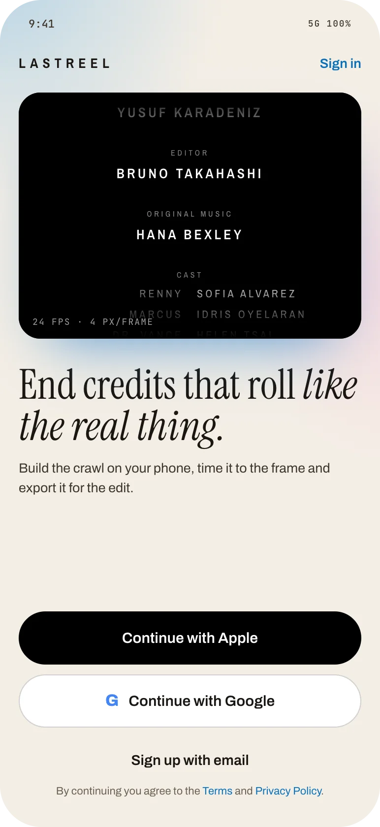 Last Reel welcome screen