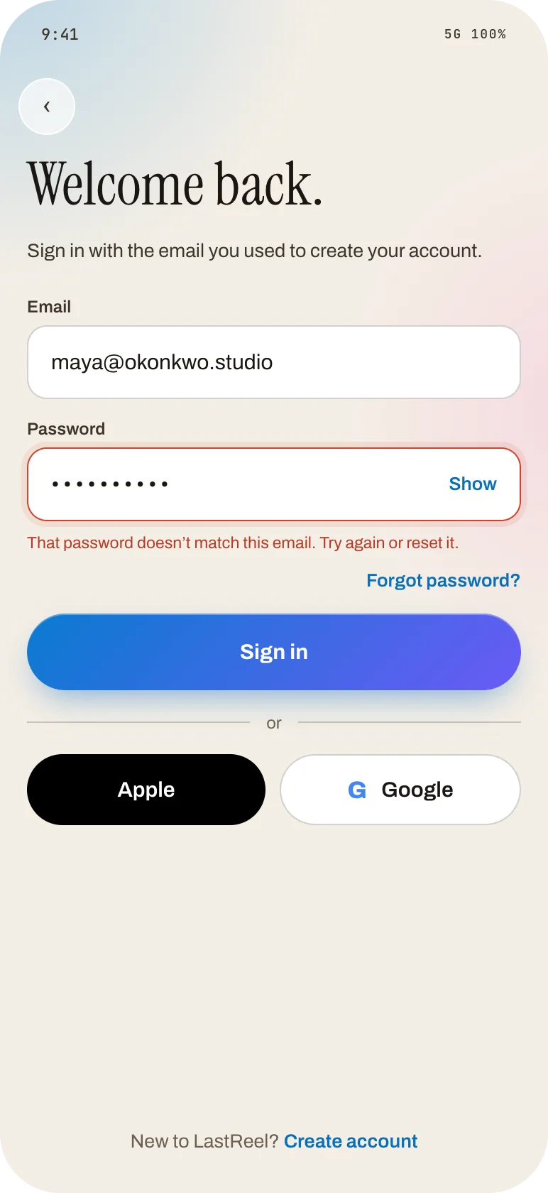 Sign in with a wrong-password error