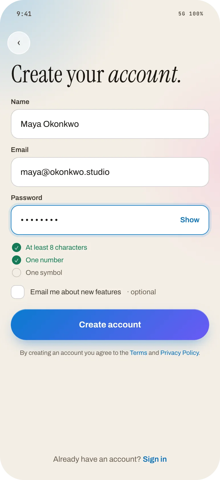 Create account form