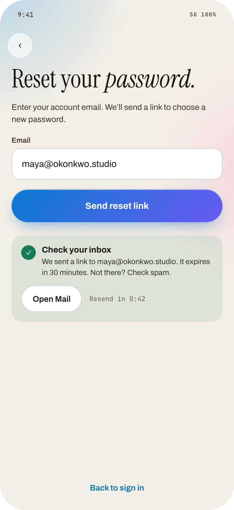 Reset password screen