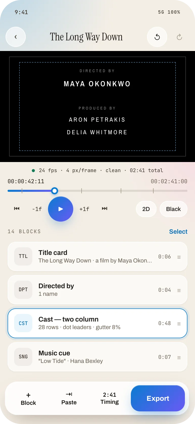 Credits editor with live monitor, timecode scrubber and block list