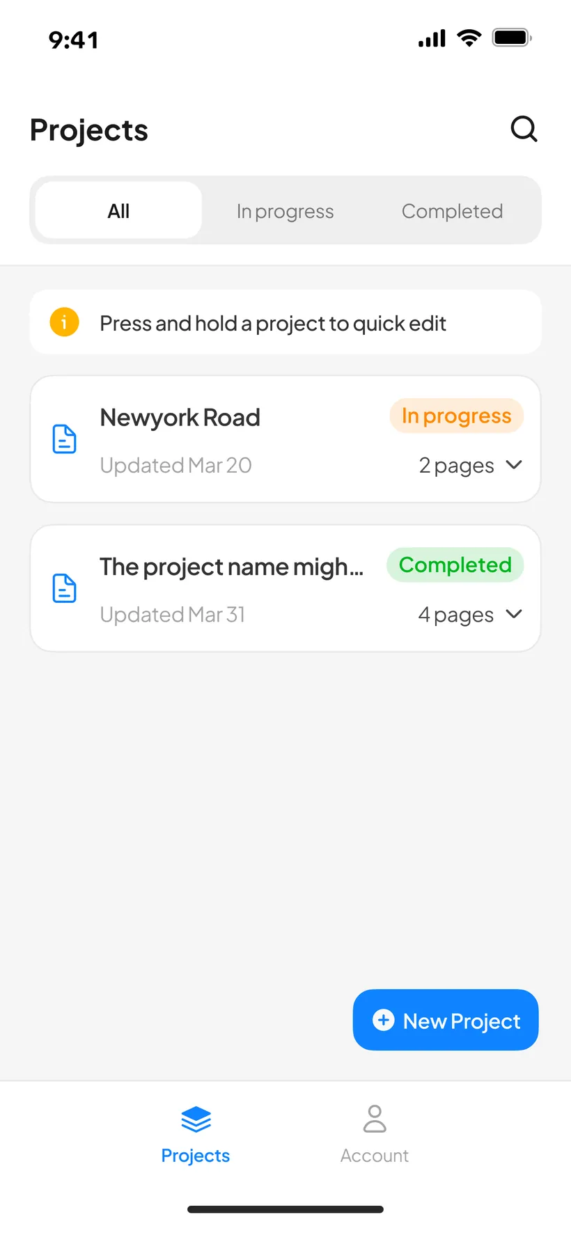 Planformer projects list with in-progress and completed jobs