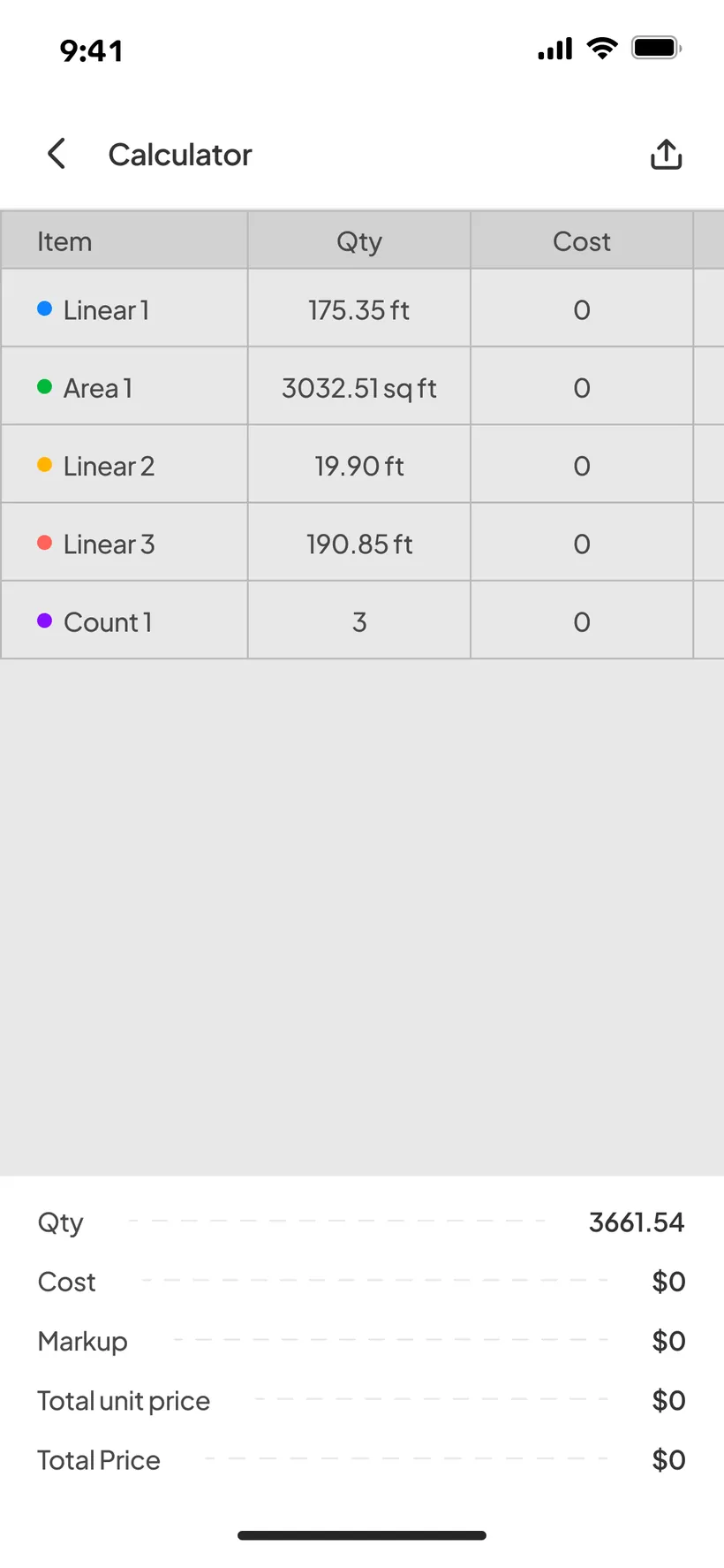 Built-in calculator layered over a plan