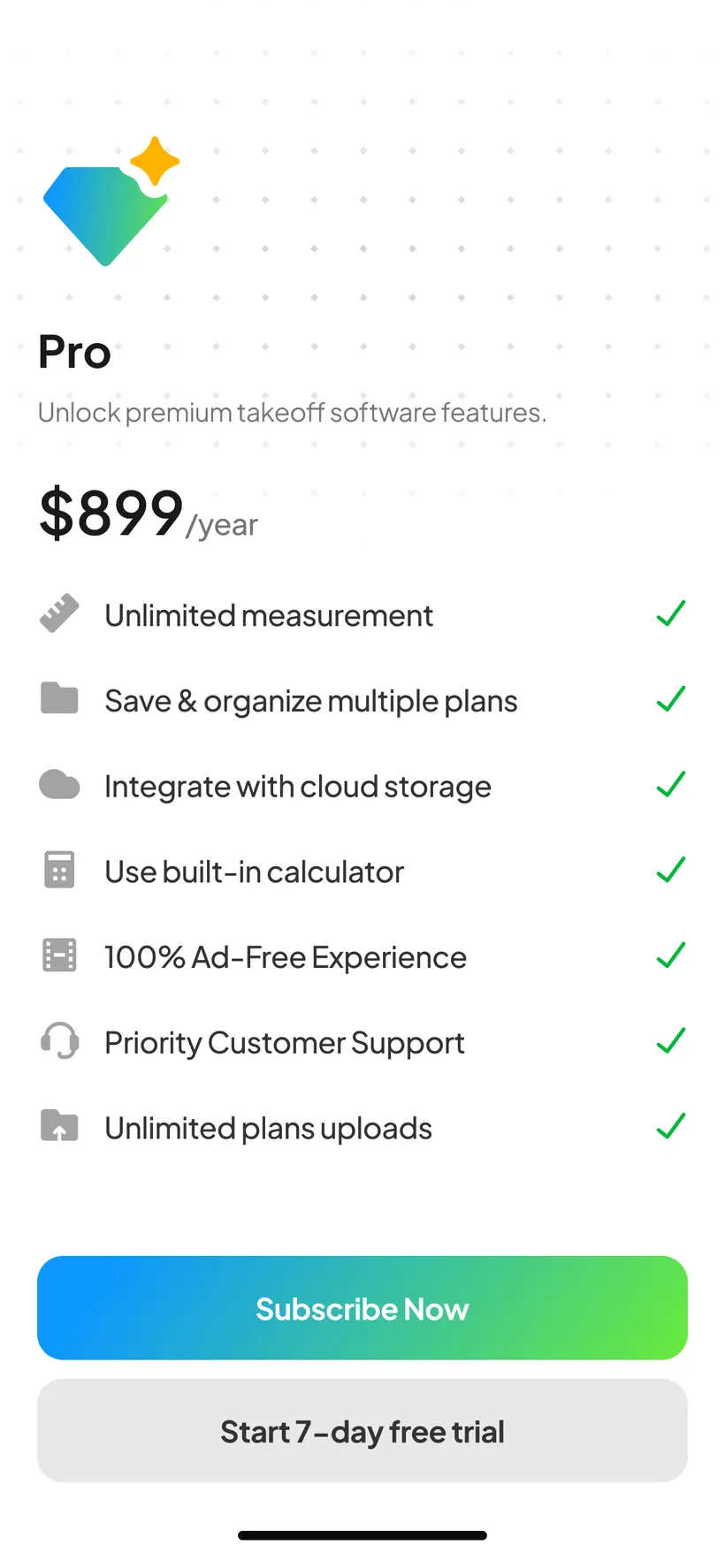 Planformer Pro subscription screen