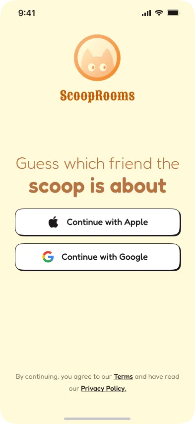 ScoopRooms onboarding with Apple and Google sign-in