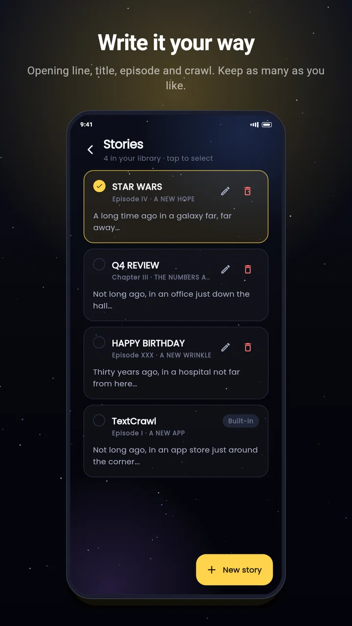 TextCrawl saved stories and story editor