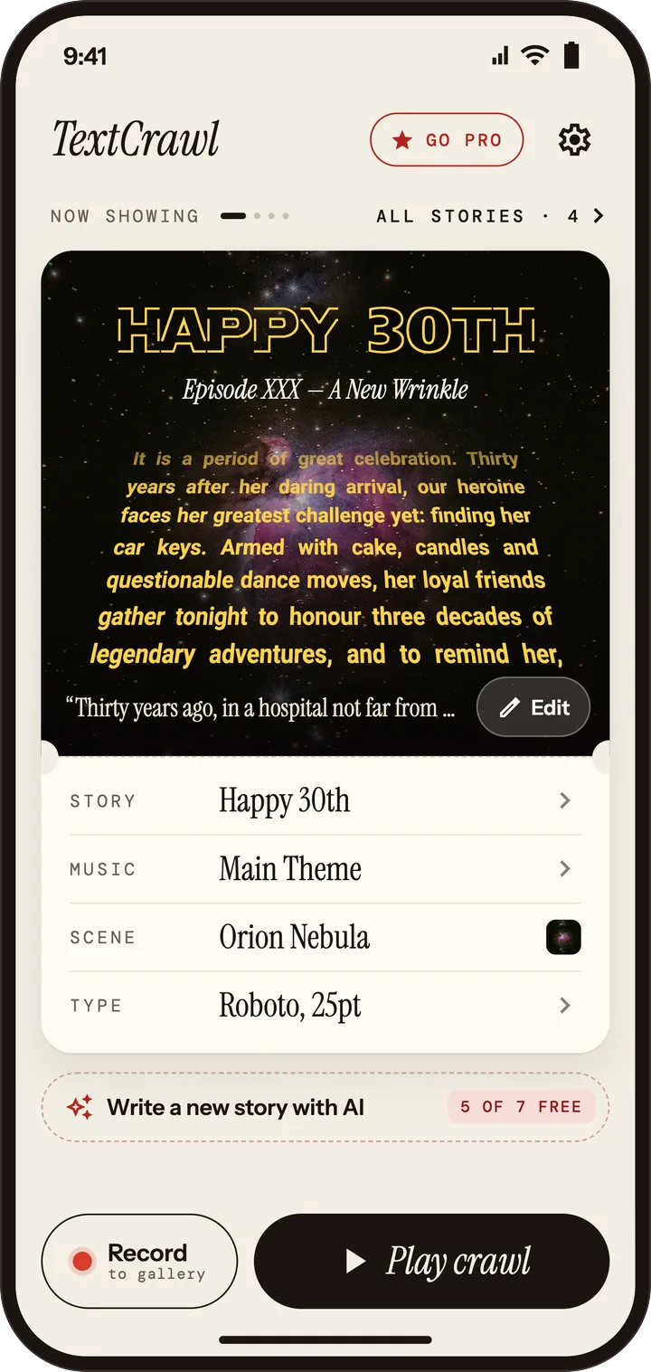 TextCrawl home: a ticket-style preview of the current story, with Play and Record always within reach